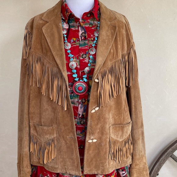 RALPH LAUREN Soft Camel Leather Western Fringed Jacket Bone Buttons Rare Sz 3x!! - Picture 13 of 14